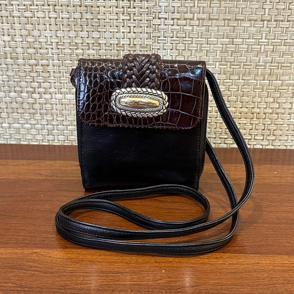 🌟3xHP🌟VTG 90s Brighton Croco Embossed Brown Black Leather Bifold Wallet